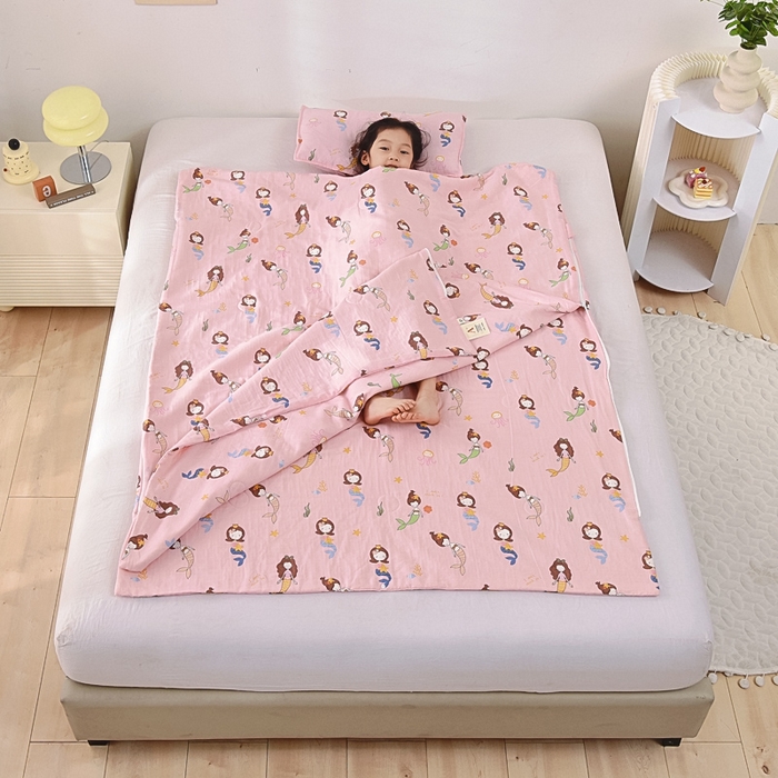 91家纺网 家纺一手货源 找家纺 A类夏季纯棉睡袋双层纱棉花薄款春秋宝宝中大童儿童防踢被神器 人鱼公主