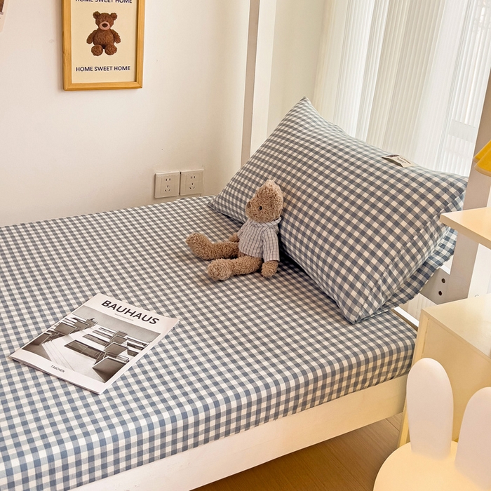 91家纺网 家纺一手货源 找家纺 喜居 2023新款全棉色织纯棉无印良品风纯色学生床笠 蓝小格