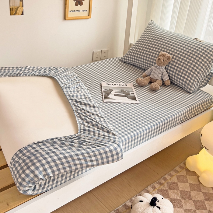 91家纺网 家纺一手货源 找家纺 喜居 2023新款全棉色织纯棉无印良品风纯色学生床笠 蓝小格