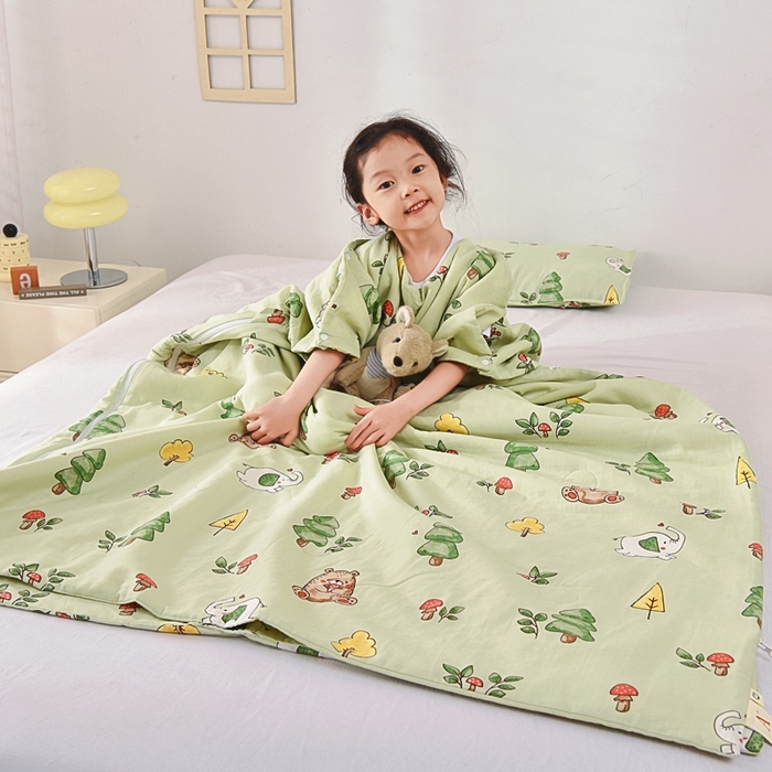 91家纺网 家纺一手货源 找家纺 A类夏季纯棉睡袋双层纱棉花薄款春秋宝宝中大童儿童防踢被神器 童话森林