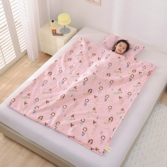 91家纺网 家纺一手货源 找家纺 A类夏季纯棉睡袋双层纱棉花薄款春秋宝宝中大童儿童防踢被神器 人鱼公主