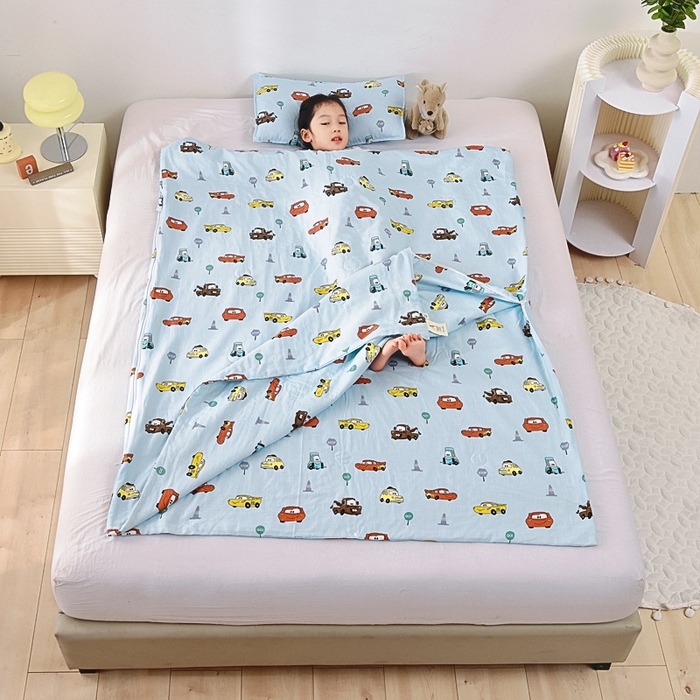 91家纺网 家纺一手货源 找家纺 A类夏季纯棉睡袋双层纱棉花薄款春秋宝宝中大童儿童防踢被神器 小汽车