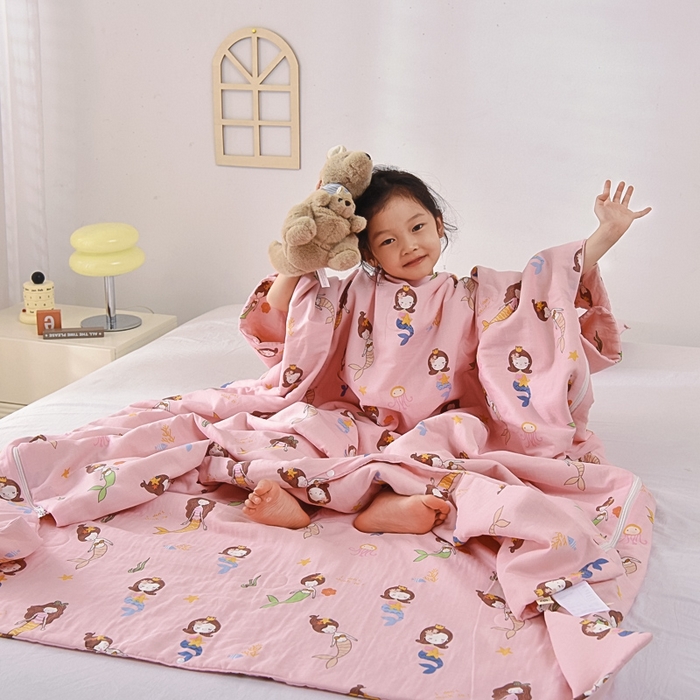 91家纺网 家纺一手货源 找家纺 A类夏季纯棉睡袋双层纱棉花薄款春秋宝宝中大童儿童防踢被神器 人鱼公主