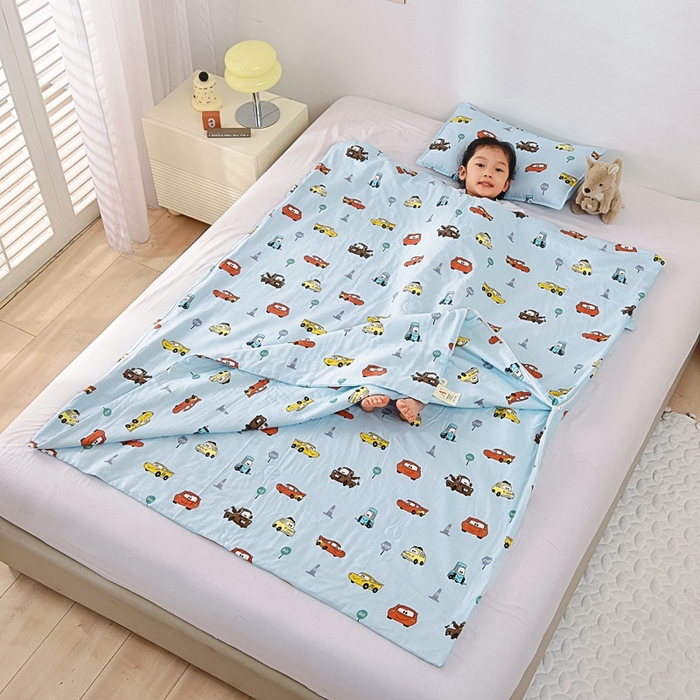 91家纺网 家纺一手货源 找家纺 A类夏季纯棉睡袋双层纱棉花薄款春秋宝宝中大童儿童防踢被神器 小汽车