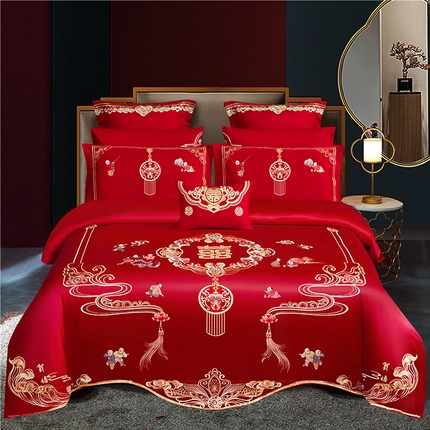 91家纺网 家纺一手货源 找家纺 蒂爵 全棉纯棉原版重绣超大花绣花婚庆四件套多件套 福星高照