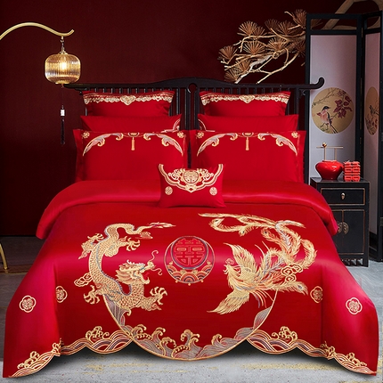 蒂爵 全棉纯棉原版重绣超大花绣花婚庆四件套多件套 好运纳福