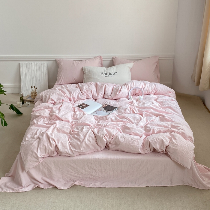 91家纺网 家纺一手货源 找家纺 雨帆家纺 2023新款ins风超柔水洗棉四件套 ins甜心粉