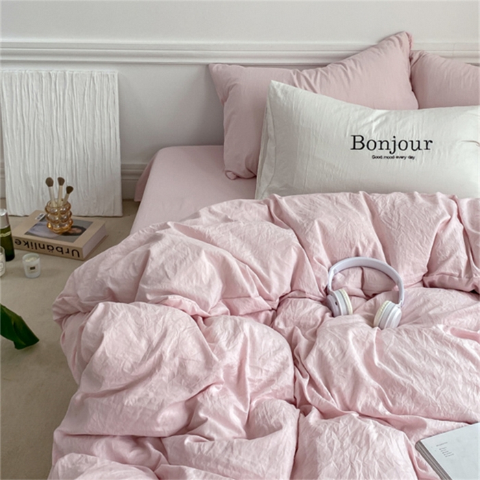 91家纺网 家纺一手货源 找家纺 雨帆家纺 2023新款ins风超柔水洗棉四件套 ins甜心粉