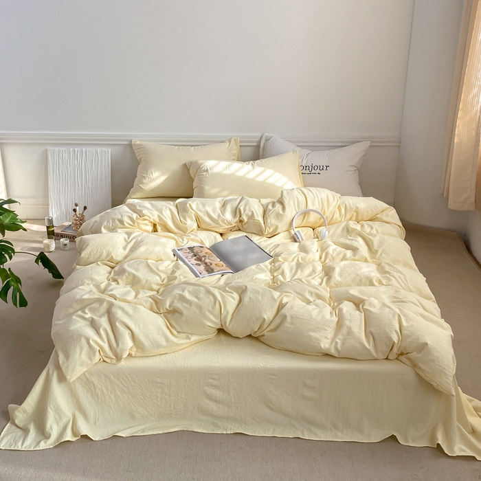 91家纺网 家纺一手货源 找家纺 雨帆家纺 2023新款ins风超柔水洗棉四件套 ins芝士白