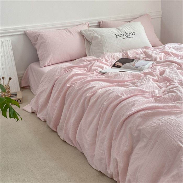 91家纺网 家纺一手货源 找家纺 雨帆家纺 2023新款ins风超柔水洗棉四件套 ins甜心粉