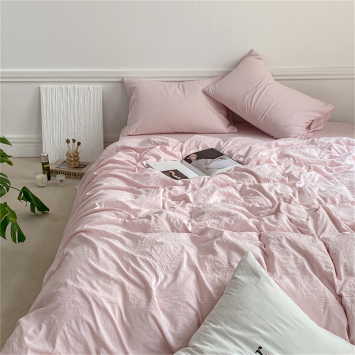 91家纺网 家纺一手货源 找家纺 雨帆家纺 2023新款ins风超柔水洗棉四件套 ins甜心粉