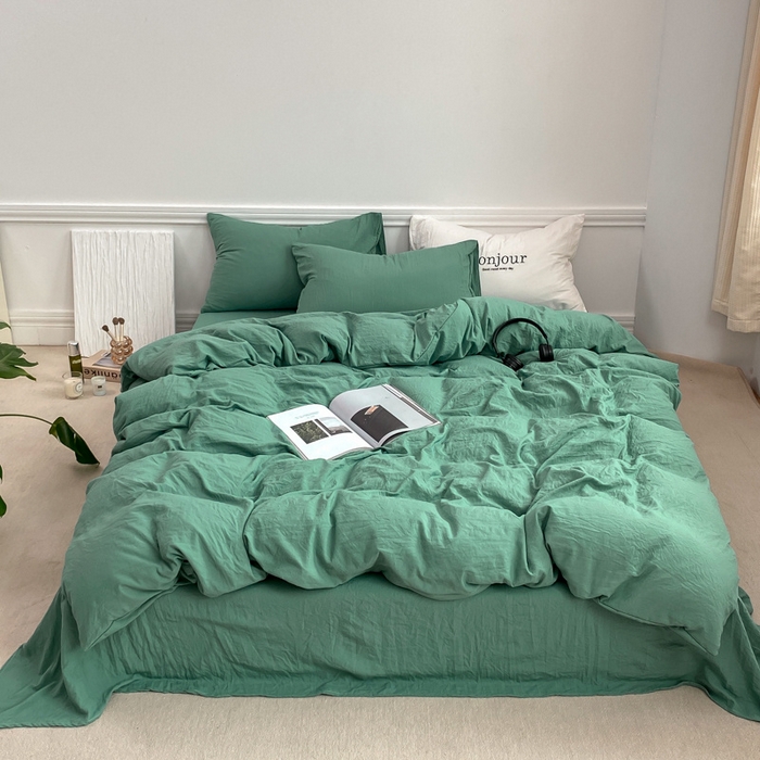 91家纺网 家纺一手货源 找家纺 雨帆家纺 2023新款ins风超柔水洗棉四件套 ins湖水绿