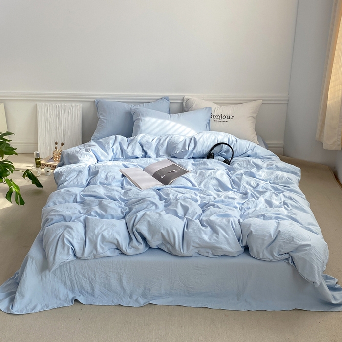 91家纺网 家纺一手货源 找家纺 雨帆家纺 2023新款ins风超柔水洗棉四件套 ins蓝精灵