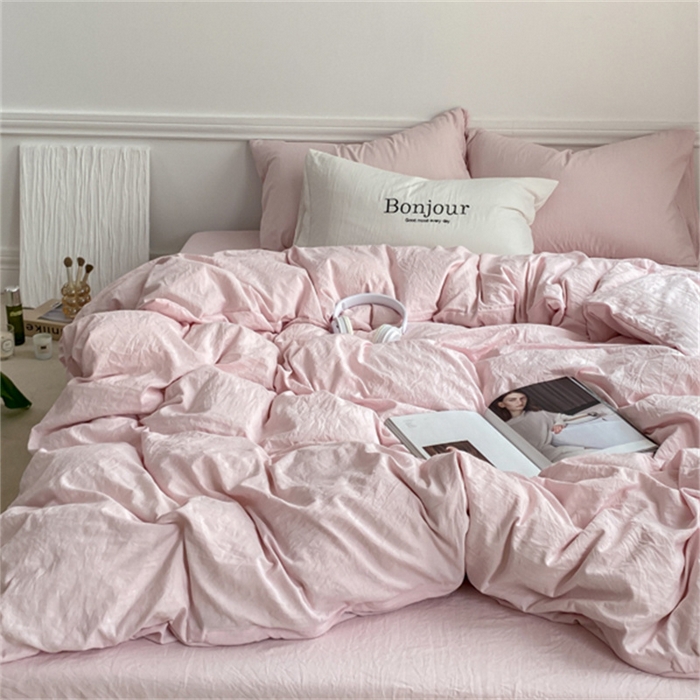 91家纺网 家纺一手货源 找家纺 雨帆家纺 2023新款ins风超柔水洗棉四件套 ins甜心粉