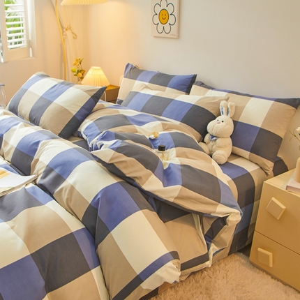 91家纺网 家纺一手货源 找家纺 邵依 2025新款水洗棉磨毛非全棉纯棉纯色素色四件套 蓝大格