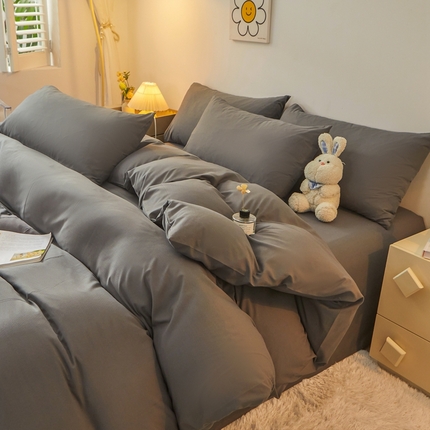 邵依 2025新款水洗棉磨毛非全棉纯棉纯色素色四件套 深灰色