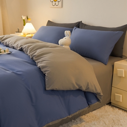 91家纺网 家纺一手货源 找家纺 邵依 2025新款水洗棉磨毛非全棉纯棉纯色素色四件套 深蓝+浅灰