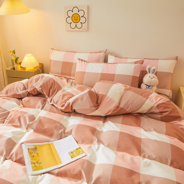 91家纺网 家纺一手货源 找家纺 邵依 2025新款水洗棉磨毛非全棉纯棉纯色素色四件套 橙大格