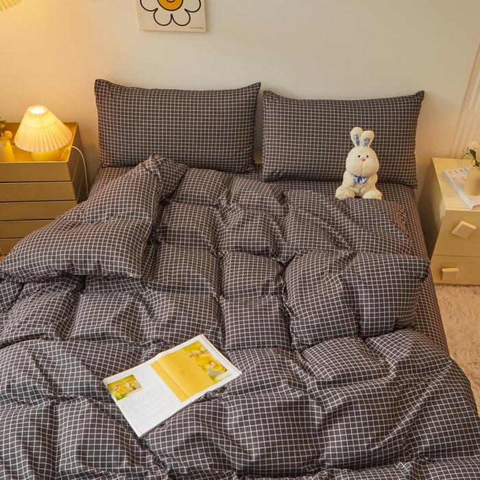 91家纺网 家纺一手货源 找家纺 邵依 2025新款水洗棉磨毛非全棉纯棉纯色素色四件套 黑小格