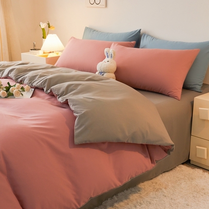 91家纺网 家纺一手货源 找家纺 邵依 2025新款水洗棉磨毛非全棉纯棉纯色素色四件套 豆沙+浅灰