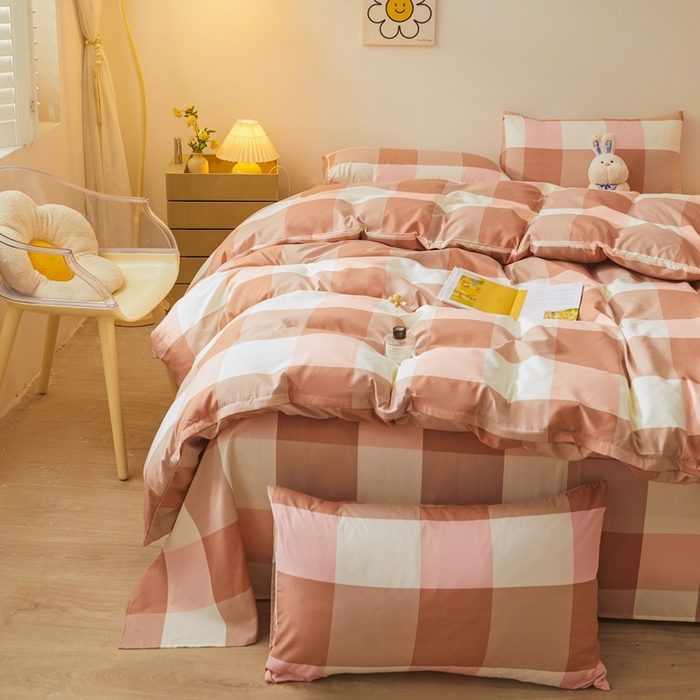 91家纺网 家纺一手货源 找家纺 邵依 2025新款水洗棉磨毛非全棉纯棉纯色素色四件套 橙大格