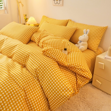 91家纺网 家纺一手货源 找家纺 邵依 2025新款水洗棉磨毛非全棉纯棉纯色素色四件套 黄小格