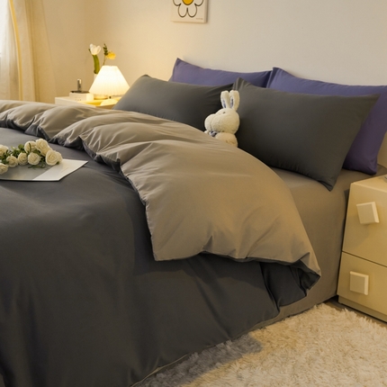 91家纺网 家纺一手货源 找家纺 邵依 2025新款水洗棉磨毛非全棉纯棉纯色素色四件套 深灰+浅灰