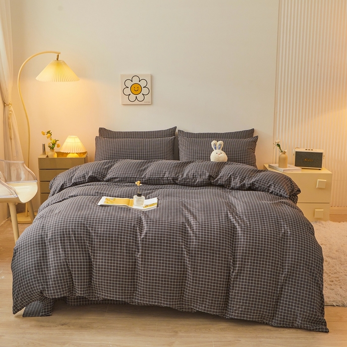 91家纺网 家纺一手货源 找家纺 邵依 2025新款水洗棉磨毛非全棉纯棉纯色素色四件套 黑小格