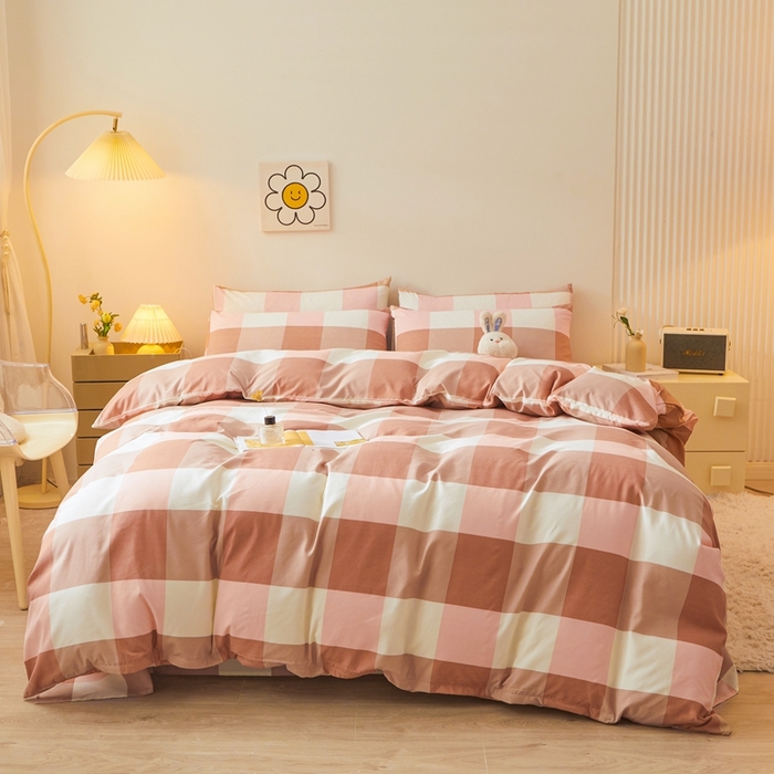 91家纺网 家纺一手货源 找家纺 邵依 2025新款水洗棉磨毛非全棉纯棉纯色素色四件套 橙大格