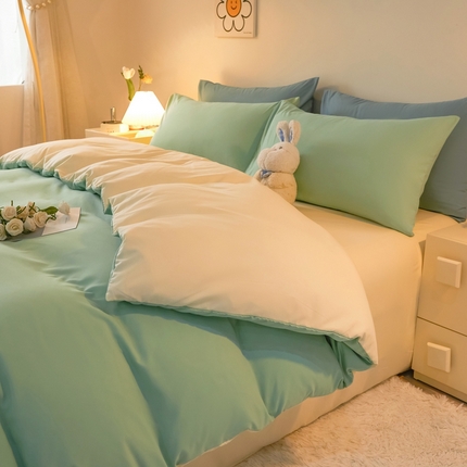 91家纺网 家纺一手货源 找家纺 邵依 2025新款水洗棉磨毛非全棉纯棉纯色素色四件套 青色+米黄