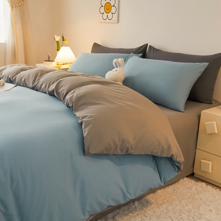 91家纺网 家纺一手货源 找家纺 邵依 2025新款水洗棉磨毛非全棉纯棉纯色素色四件套 湖蓝+浅灰