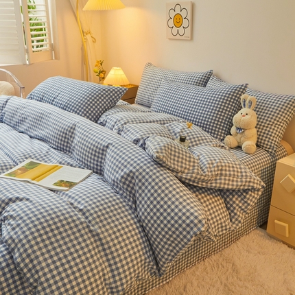 91家纺网 家纺一手货源 找家纺 邵依 2025新款水洗棉磨毛非全棉纯棉纯色素色四件套 蓝小格