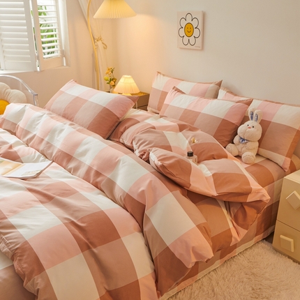 91家纺网 家纺一手货源 找家纺 邵依 2025新款水洗棉磨毛非全棉纯棉纯色素色四件套 橙大格