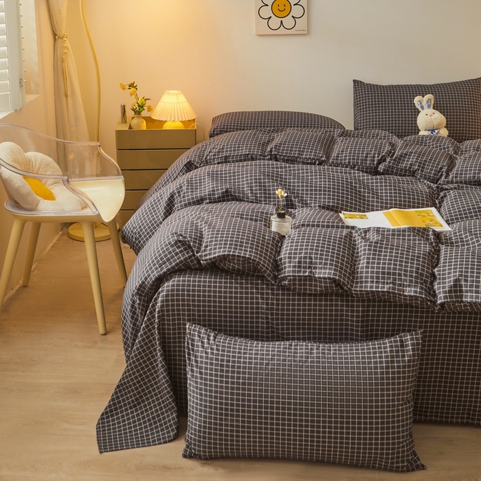 91家纺网 家纺一手货源 找家纺 邵依 2025新款水洗棉磨毛非全棉纯棉纯色素色四件套 黑小格