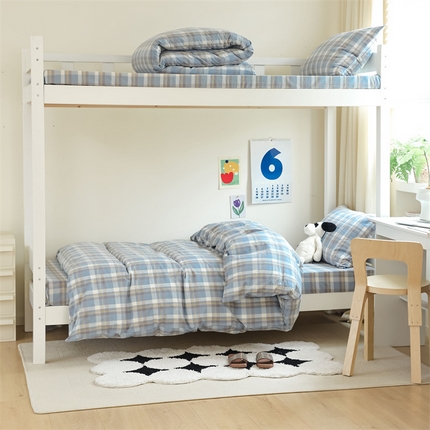 91家纺网 家纺一手货源 找家纺 北欧良品2023新款A类AA版色织水洗棉学生上下铺三件套 简兮蓝-AA