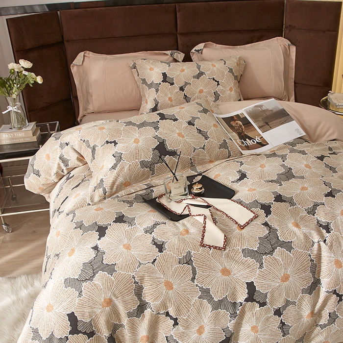 91家纺网 家纺一手货源 找家纺 启航家居 2025直播热款全棉精梳磨毛印花四件套-小资格调系列 凯文橘