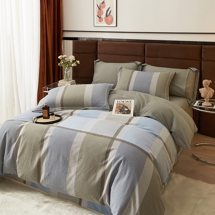 91家纺网 家纺一手货源 找家纺 启航家居 2025直播热款全棉精梳磨毛印花四件套-小资格调系列 灰色情调兰