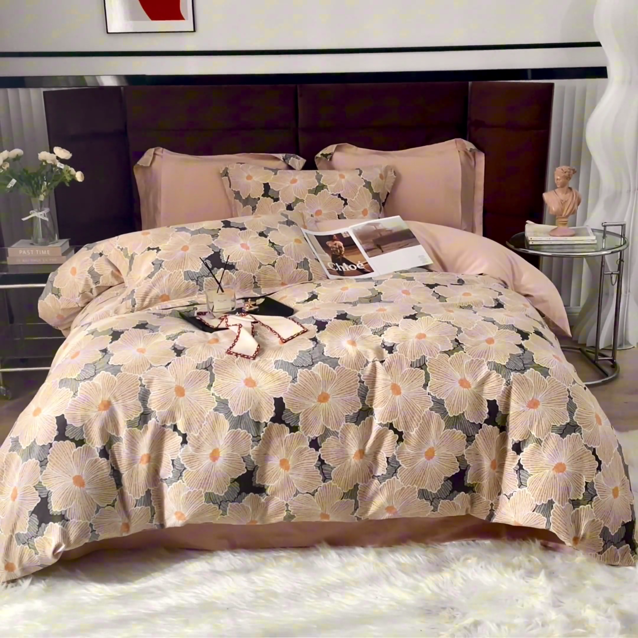 91家纺网 家纺一手货源 找家纺 启航家居 2025直播热款全棉精梳磨毛印花四件套-小资格调系列 凯文橘