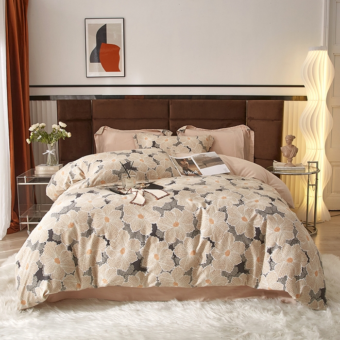 91家纺网 家纺一手货源 找家纺 启航家居 2025直播热款全棉精梳磨毛印花四件套-小资格调系列 凯文橘