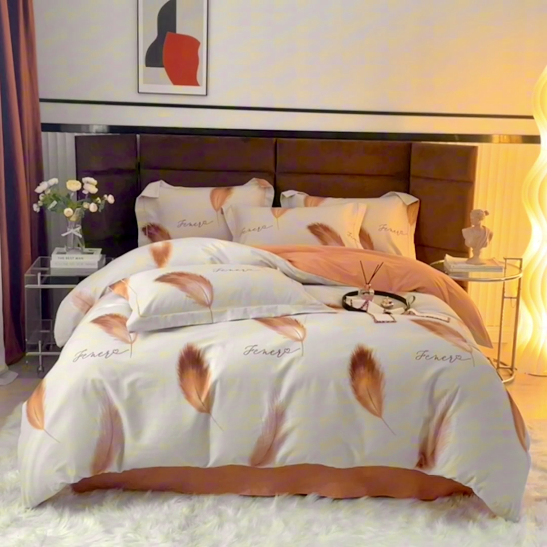 91家纺网 家纺一手货源 找家纺 启航家居 2025直播热款全棉精梳磨毛印花四件套-小资格调系列 凤羽-灰