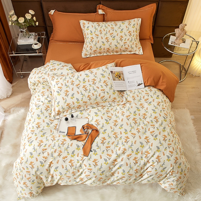 91家纺网 家纺一手货源 找家纺 启航家居 2025直播热款全棉精梳磨毛印花四件套-小资格调系列 兰花草