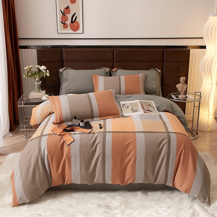 91家纺网 家纺一手货源 找家纺 启航家居 2025直播热款全棉精梳磨毛印花四件套-小资格调系列 灰色情调桔