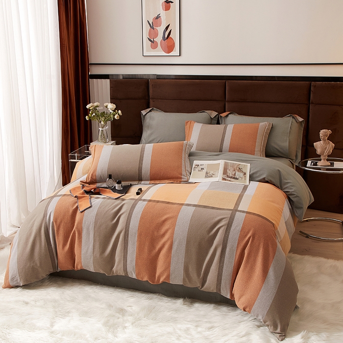 91家纺网 家纺一手货源 找家纺 启航家居 2025直播热款全棉精梳磨毛印花四件套-小资格调系列 灰色情调桔