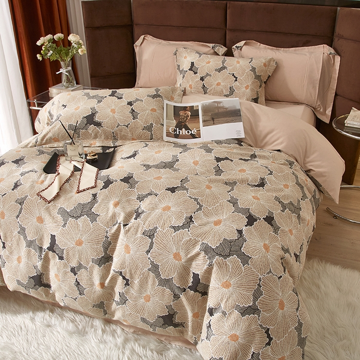 91家纺网 家纺一手货源 找家纺 启航家居 2025直播热款全棉精梳磨毛印花四件套-小资格调系列 凯文橘