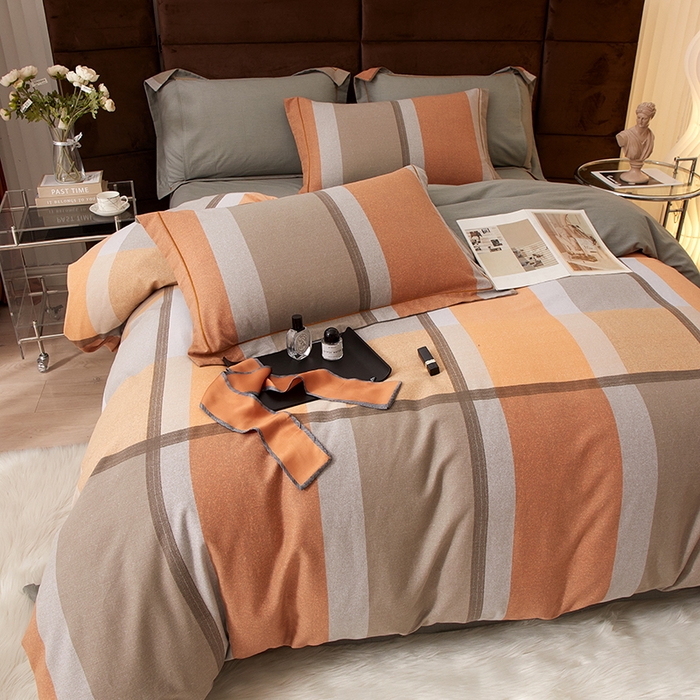 91家纺网 家纺一手货源 找家纺 启航家居 2025直播热款全棉精梳磨毛印花四件套-小资格调系列 灰色情调桔