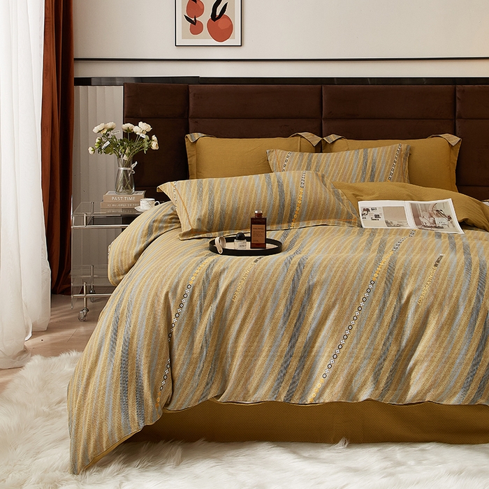 91家纺网 家纺一手货源 找家纺 启航家居 2025直播热款全棉精梳磨毛印花四件套-小资格调系列 华彩黄