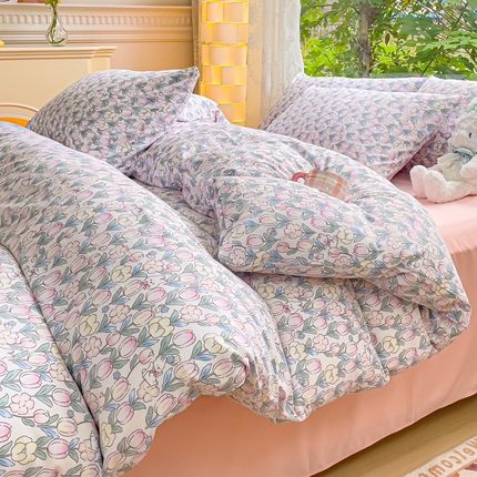 91家纺网 家纺一手货源 找家纺 （总）超柔水洗棉双层纱四件套小碎花被套床笠床单学生宿舍三件套