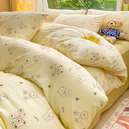 91家纺网 家纺一手货源 找家纺 超柔水洗棉双层纱四件套小碎花被套床笠床单学生宿舍三件套 乖熊