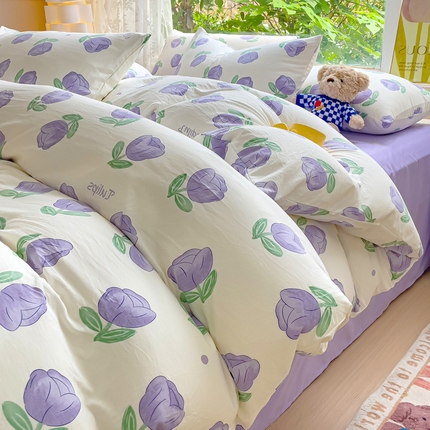 91家纺网 家纺一手货源 找家纺 超柔水洗棉双层纱四件套小碎花被套床笠床单学生宿舍三件套 郁金香