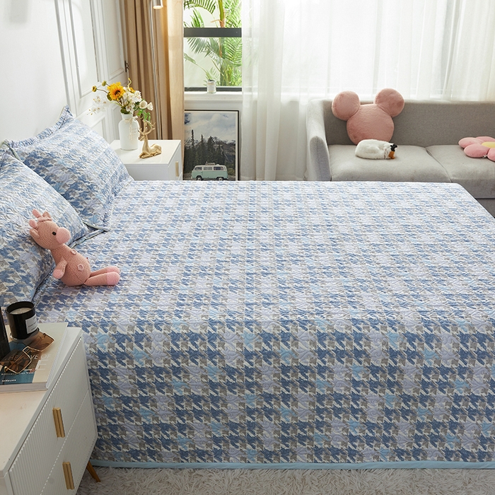 91家纺网 家纺一手货源 找家纺 40支全棉夹棉绗缝13372简约款印花多功能床盖夏被凉席 千鸟格-蓝